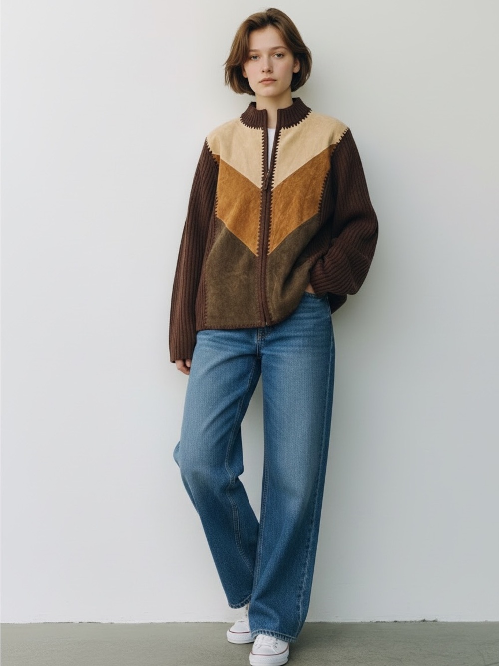 Vintage Designer Studio Originals Leather Tan Chevron Zip-Up Sweater Jacket
